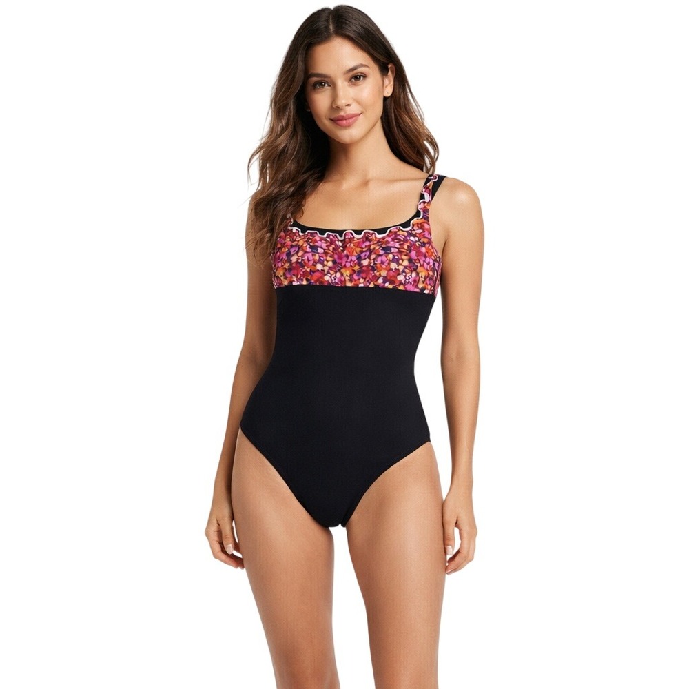 Profile by Gottex Womens Black Floral Ric Rac One Piece Swimsuit Size 6 NEW